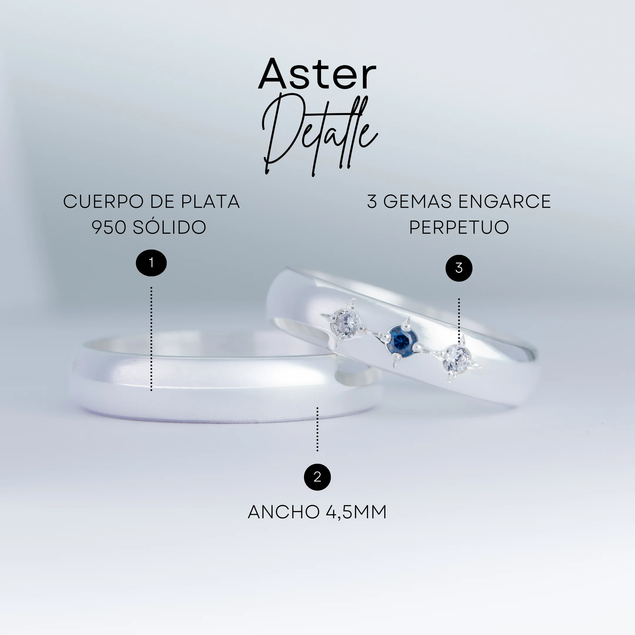 Par de alianzas de casamiento en plata 950 con zafiros azules y diamantes, modelo Aster, fabricadas artesanalmente en Buenos Aires — Haikmaro Joyería